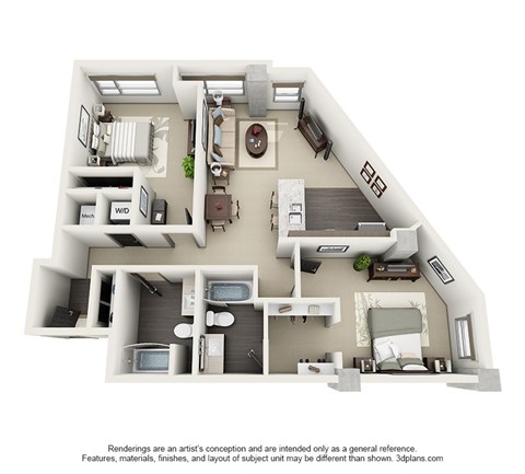 Floor plan for 2 beds, 2 baths, 1179 sqft